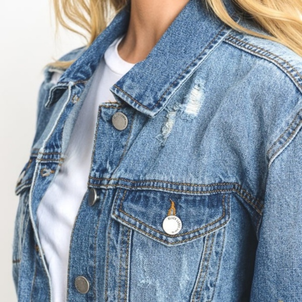 Distressed Denim Jacket Front Pocket 100% Cotton - Picture 8 of 8